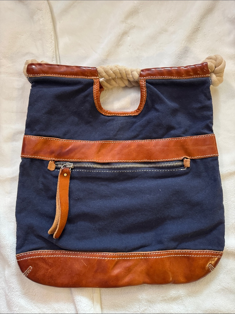 Navy Canvas and Brown Leather Rope-Handle Tote